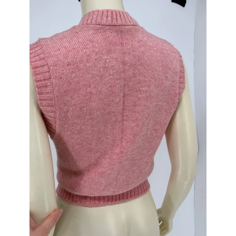 Hush Puppies Pink‎ Knit Button Up Sweater Vest Basset Hound Dog Patch Cardigan